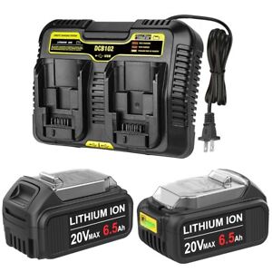 2PACK 6.5Ah battery/Dual charger for Dewalt 20V Lithium-ion DCB206-2 DCB205-2