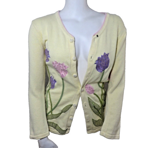 Storybook Knits Size S Cardigan Sweater Yellow Transitional Tulips Pink Purple