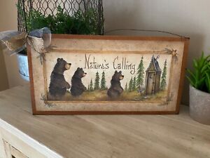 Bear Nature's Calling outhouse country bathroom cabin home decor wooden sign