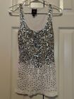 2b BEBE Sleeveless White Tank Top Silver Sequin Front Size S