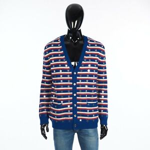 CELINE 2450$ Men's Cardigan - Alpaca Wool, Stars Embroidery, Red, Blue, White