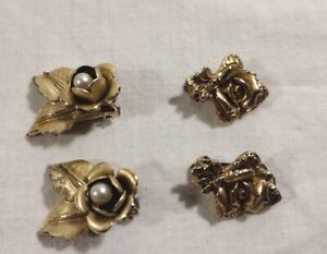 2 Pair Vintage Clip On Earrings Flower Rose Gold Tone Faux or Pearl Beautiful