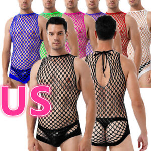 US Men One-Piece Fishnet Bodysuit Hollow Out Sexy Mesh Teddy Lingerie Underwear