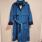 Vtg Womens 12 P London Fog Blue Hooded Trench Rain Coat Zip Out Lining Belt USA