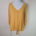 Free Kisses Women's Yellow Ribbed Knot Front Short Sleeve Shirt Size 1X Stretch
