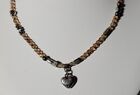 Brighton SWEET HOPE Silver Hearts Amber Bead Necklace, EUC, w/Jewelry Pouch