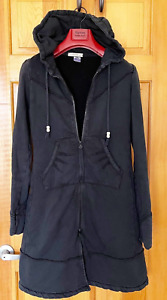 Prairie Underground Black Long Cotton Coat Sz S Cloak Hooded Pockets 2 Way Zip