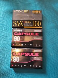 Lot of 3 NOS Sealed Blank Type II Cassette Tapes TKD SA-X, Maxell Capsule 90