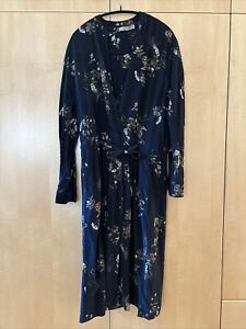 Vince Blue Floral 100% Silk Tie Waist Midi Dress Size medium