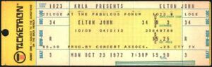 Elton John-1972 RARE Original Unused Concert Ticket (Los Angeles-Forum)