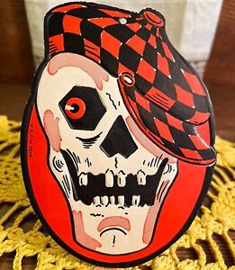 SCARCE Vintage Halloween Midcentury Skull in Cap Diecut Decoration Beistle 50s!