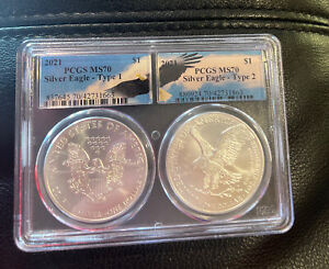 2021 American Silver Eagle Type 1 and 2 PCGS MS70 American Eagle Label 2 Coin