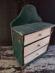 FABULOUS ANTIQUE WALL BOX WITH DRAWERS WONDERFUL OLD PAINT DOVETAILED NR AAFA
