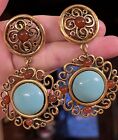 Vintage Turquoise Amber Cabochon Etruscan Style Dangle Drop Clip On Earrings