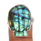 Natural Buddha Carved Face Labradorite 925 Silver Ring HS17 s.9 CR25560