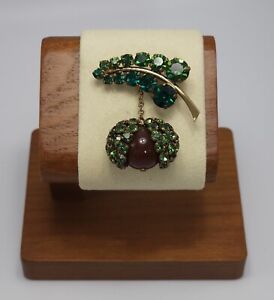 Vintage Green Rhinestone Leaf Brooch Berry Nut Dangle Possible Schreiner