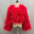 2024 Women Cropped Ostrich Feather Jacket Wide Cuff Fluffy Short Coat Wedding