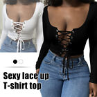 Women's Sexy Long Sleeve Hollow Lace Up T-Shirt Solid Color Top