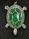 Signed R 925 Sterling Silver Turtle Brooch Emerald Green Inlay Marcasite Brooch