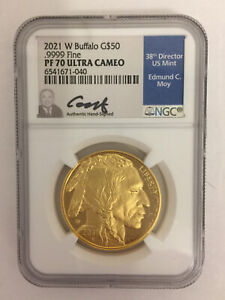 2021 W Buffalo Gold $50 .9999 PF 70 Ultra Cameo NGC Graded Edmund C. Moy Blue