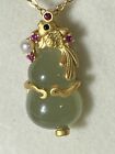 18K Gold 925 Sterling Silver Green Jade Hulu Gourd Koi Fish Pendant Necklace