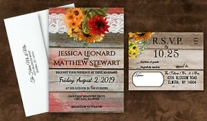 Sunflower Wedding Invitations Personalized Lace Set of 50 With RSVP and Envelope