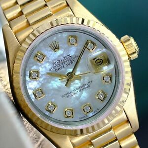 ROLEX DATEJUST LADIES 18K SOLID YELLOW GOLD PRESIDENT WATCH WHITE MOP DIAL 69178