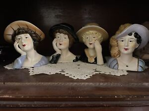 Vintage Porcelain Lady Head Figurine Lot  Of Four - Mid Century Hand Painted