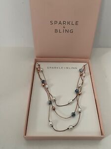 NIB Sparkle & Bling Multi Strand Station Necklace Faux Pearl Smoky Bead DO31