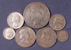 LOT 7 US SILVER COINS 1922 S PEACE SILVER DOLLAR 1952  & 1963 HALF DOLLARS ETC