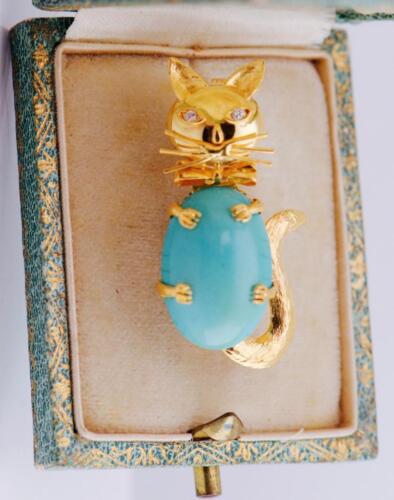 Vintage Carl Bucherer Cat Brooch 18k Gold Diamond Cabochon Turquoise c1960's Box