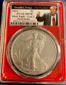 Silver American Eagle - Trump  2021 PCGS MS 70 Red Core TYPE 2 - Very Scarce .