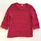 Chicos Hot Pink Sweater Size 1 Medium Fringe 3/4 Sleeve Open Knit Summer Cotton