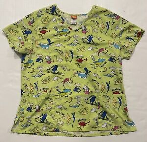 Dr. Seuss Women’s Large Scrub Top Light Green One Fish Two Fish Red Fish Blue