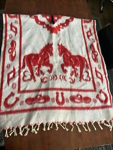 Vintage Fringed Blanket Poncho Mexico Reversible Western Cowgirl Horses Retro