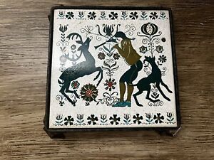 Vintage Folk Art Ceramic Tile Trivet Art Cast Iron Hunting New England Cottage