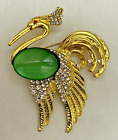 Parrot Peacock Bird Crystal Rhinestone Brooch Pin Swan Green Vintage Gold Tone