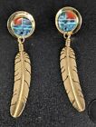 14K YELLOW GOLD CORAL & TURQUOISE POST DANGLE  FEATHER EARRINGS BY TIM BEDAH