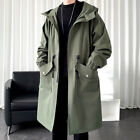 Men Midi Trench Coat Overcoat Jacket Full Zip Hooded Tunic Outwear Workwear Warm