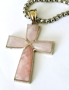 Vintage Rose Quartz Stone Cross Pink Pendant Necklace Silver Tone Estate 24