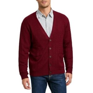 Kallspin Men’s Cashmere Wool Blend V-Neck Cable-Knit Cardigan (Burgundy XL)