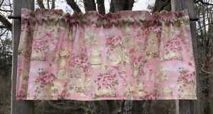 Shabby Chic Pink Roses Valance Tea Hostess Vintage Floral Window Curtain Topper
