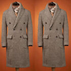 Vintage Brown Men Long Overcoat Tweed Herringbone Formal Business Outdoor Coat