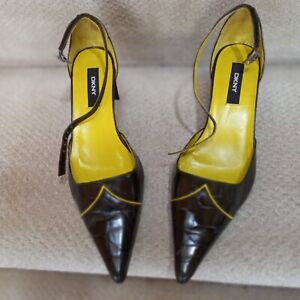 Women's DKNY Leather Shoes Brown w/ Chartreuse Detail & Ankle Strap Size 7.5M