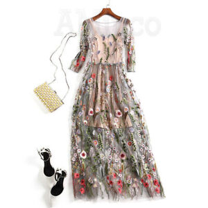 Women Boho Cotton Maxi Dress Embroidered Lace Sheer Mesh Floral Long Party Dress