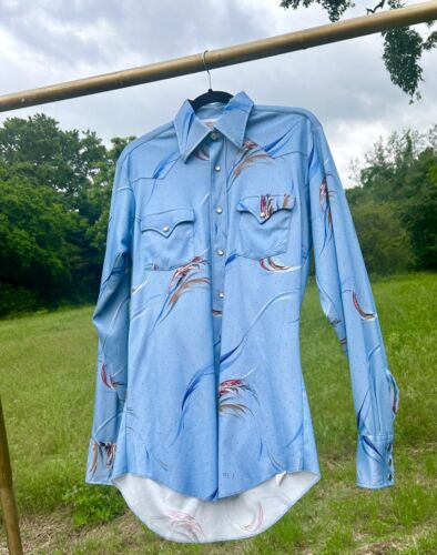 Iconic Vtg H Bar C Sz15-35  Pearl Snap Blue CA Ranchwear Long Tail Western Shirt