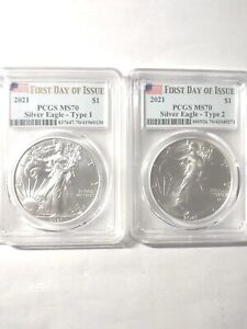 2- 2021 SILVER EAGLES!! PCGS MS70 FIRST DAY OF ISSUE!! -TYPE 1 and 2!!