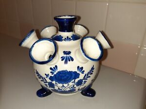 Deco Holland Blue White Ceramic 7 Arms Tulip Vase 5.4
