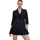 Zara Large Black Double Breasted Pleated Blazer Mini Dress Jacket Coat