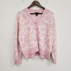 Hot Topic Womens Pink Cow Print Cardigan Size M Button V-Neck Barbiecore Fuzzy